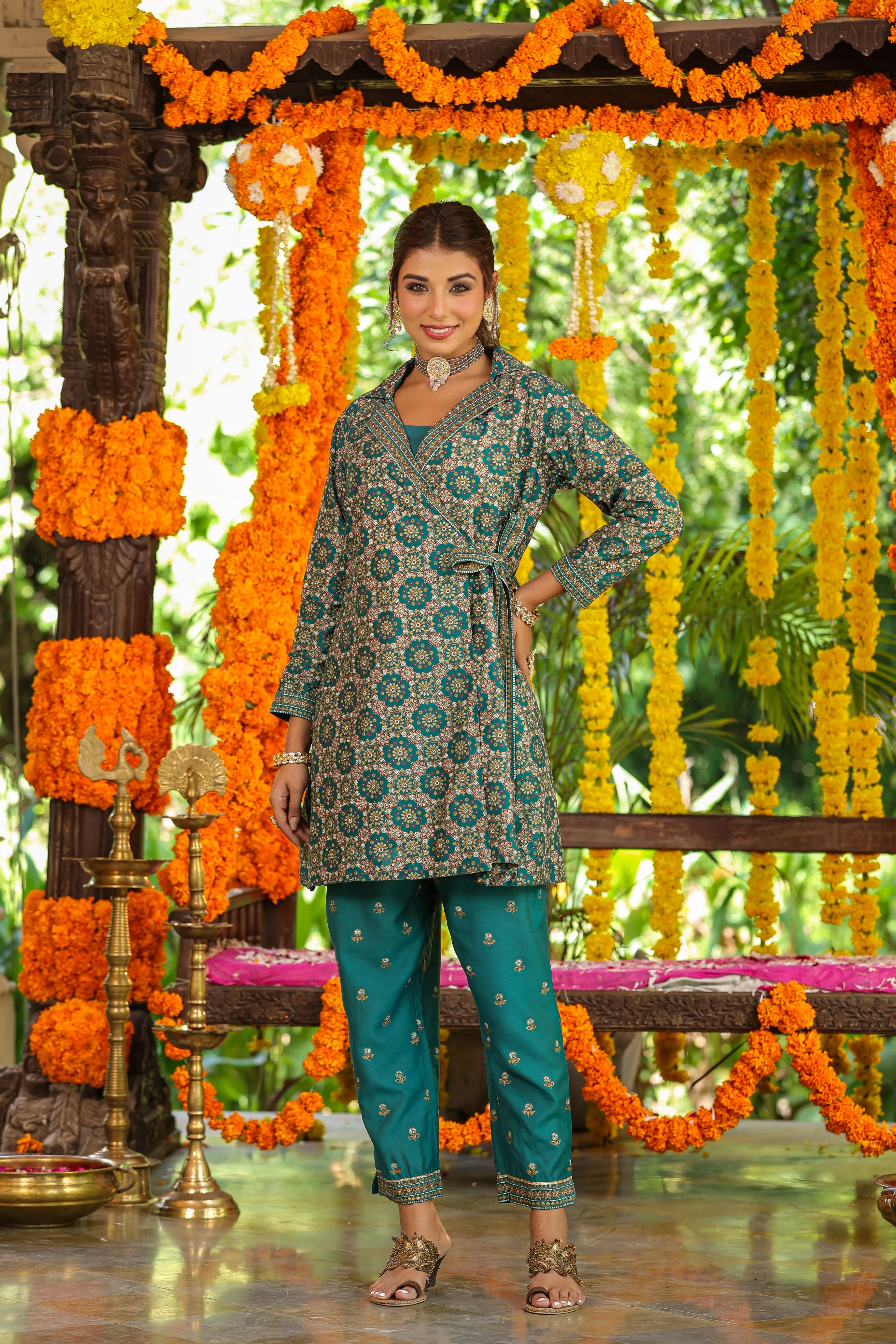 Women Teal Chanderi Printed Clothing Set