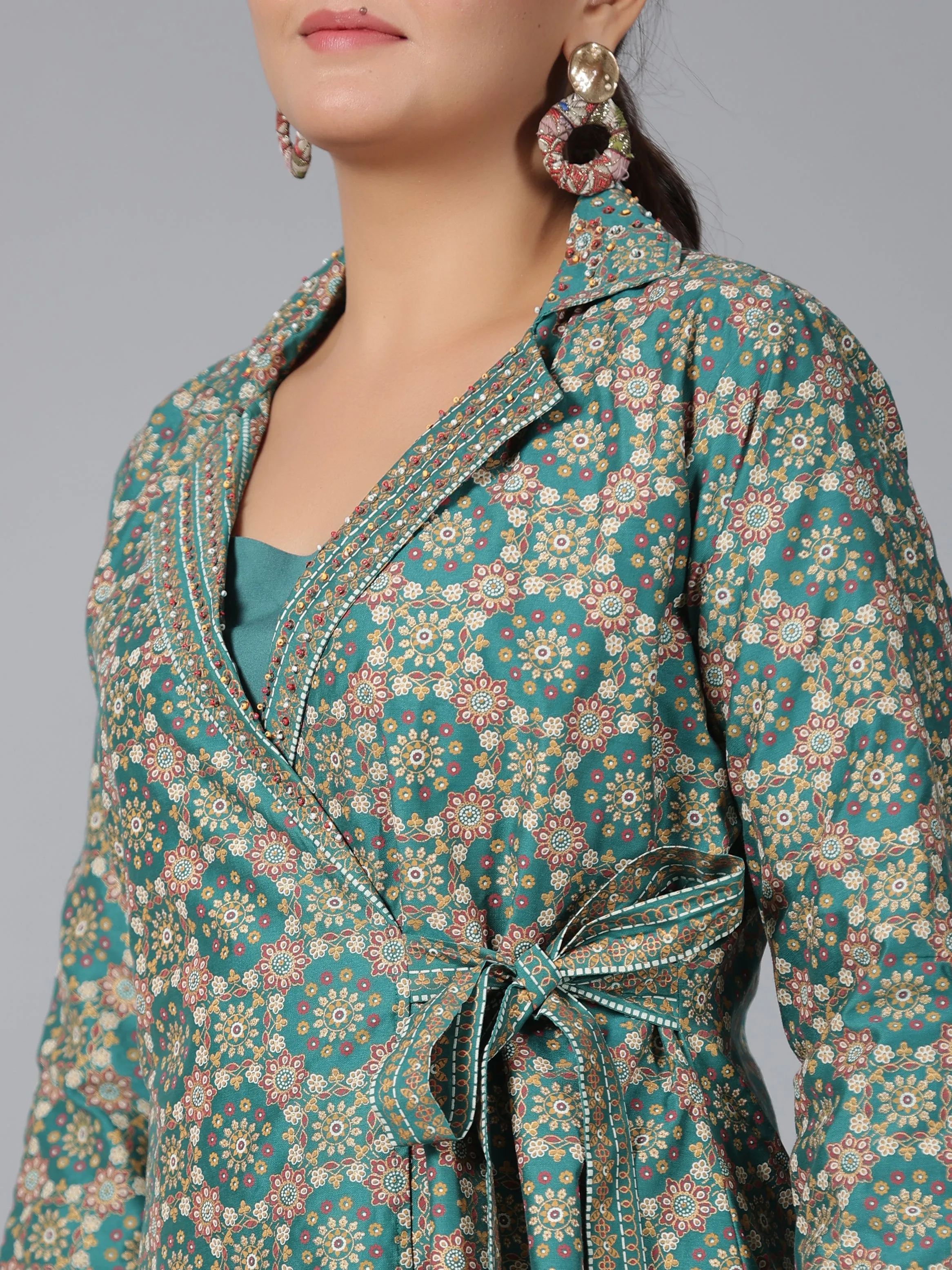 Women Teal Chanderi Printed Clothing Set