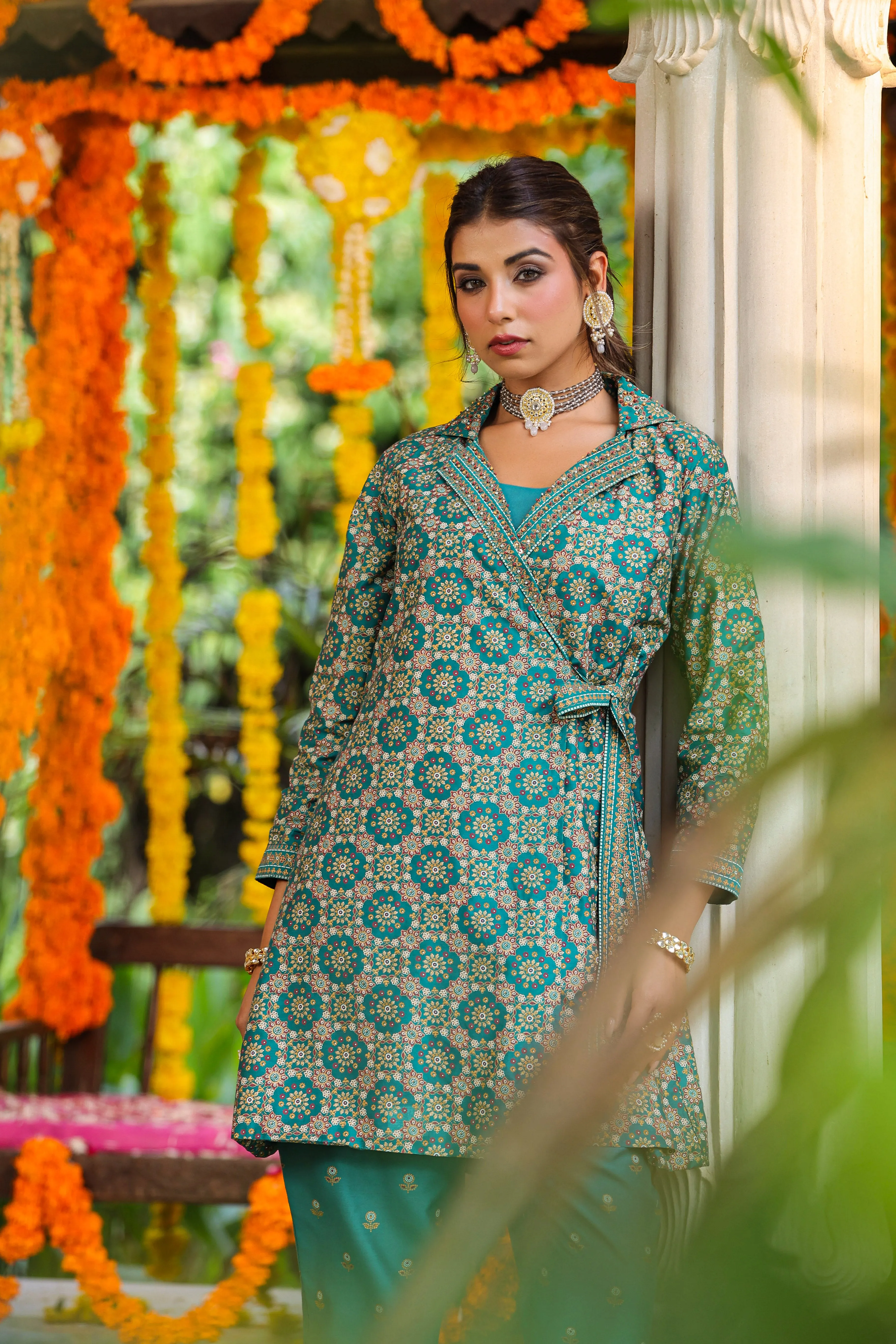 Women Teal Chanderi Printed Clothing Set