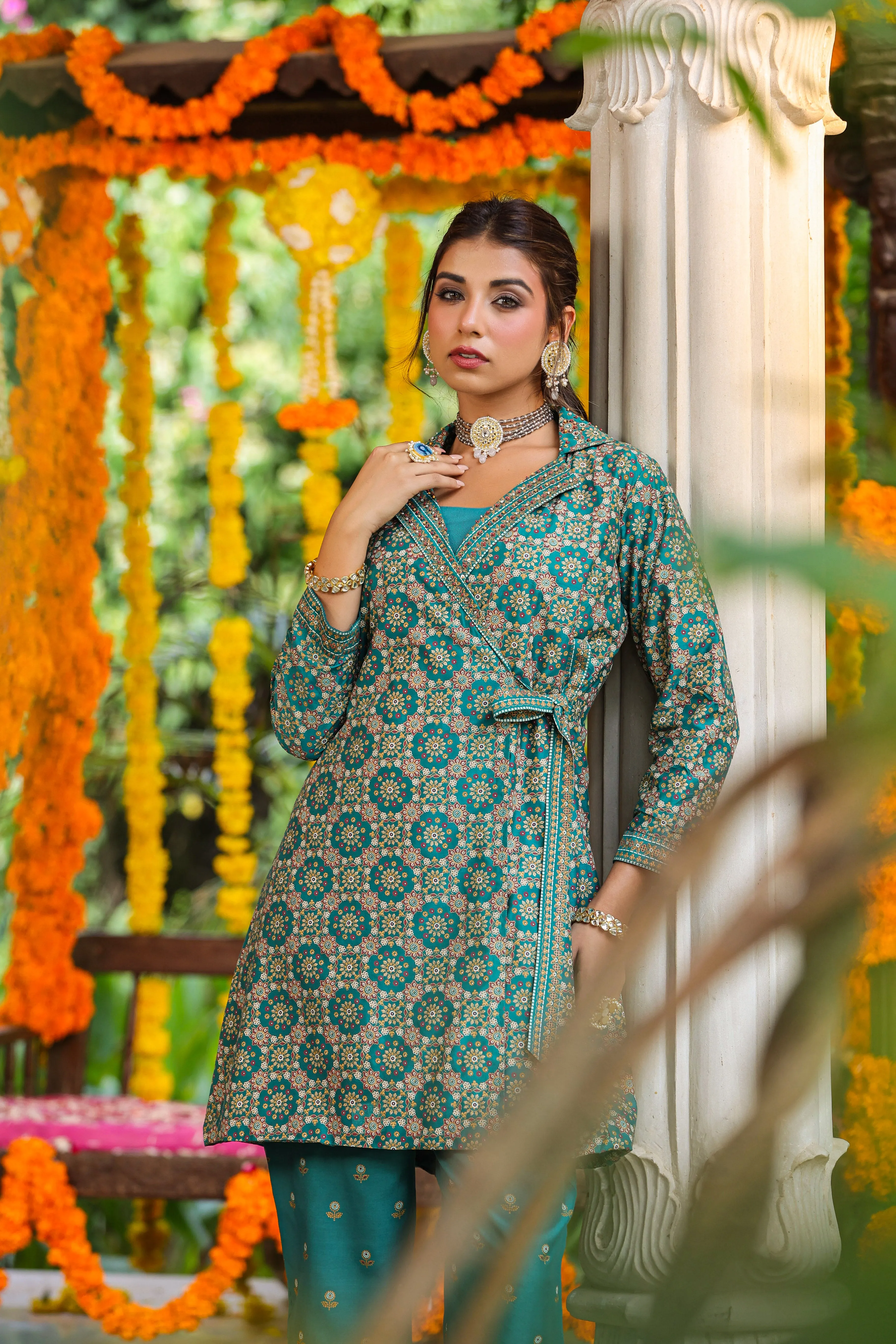 Women Teal Chanderi Printed Clothing Set