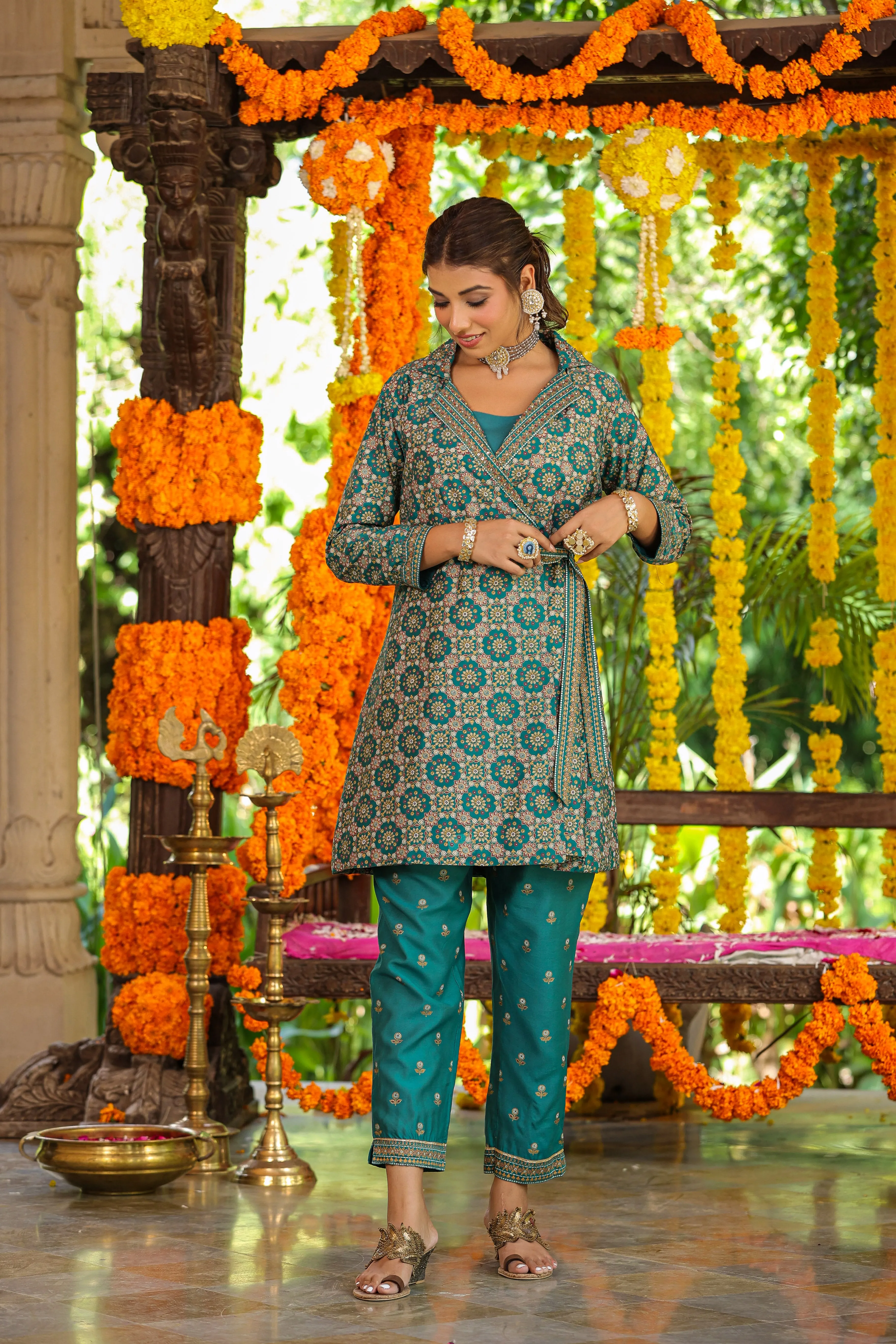 Women Teal Chanderi Printed Clothing Set