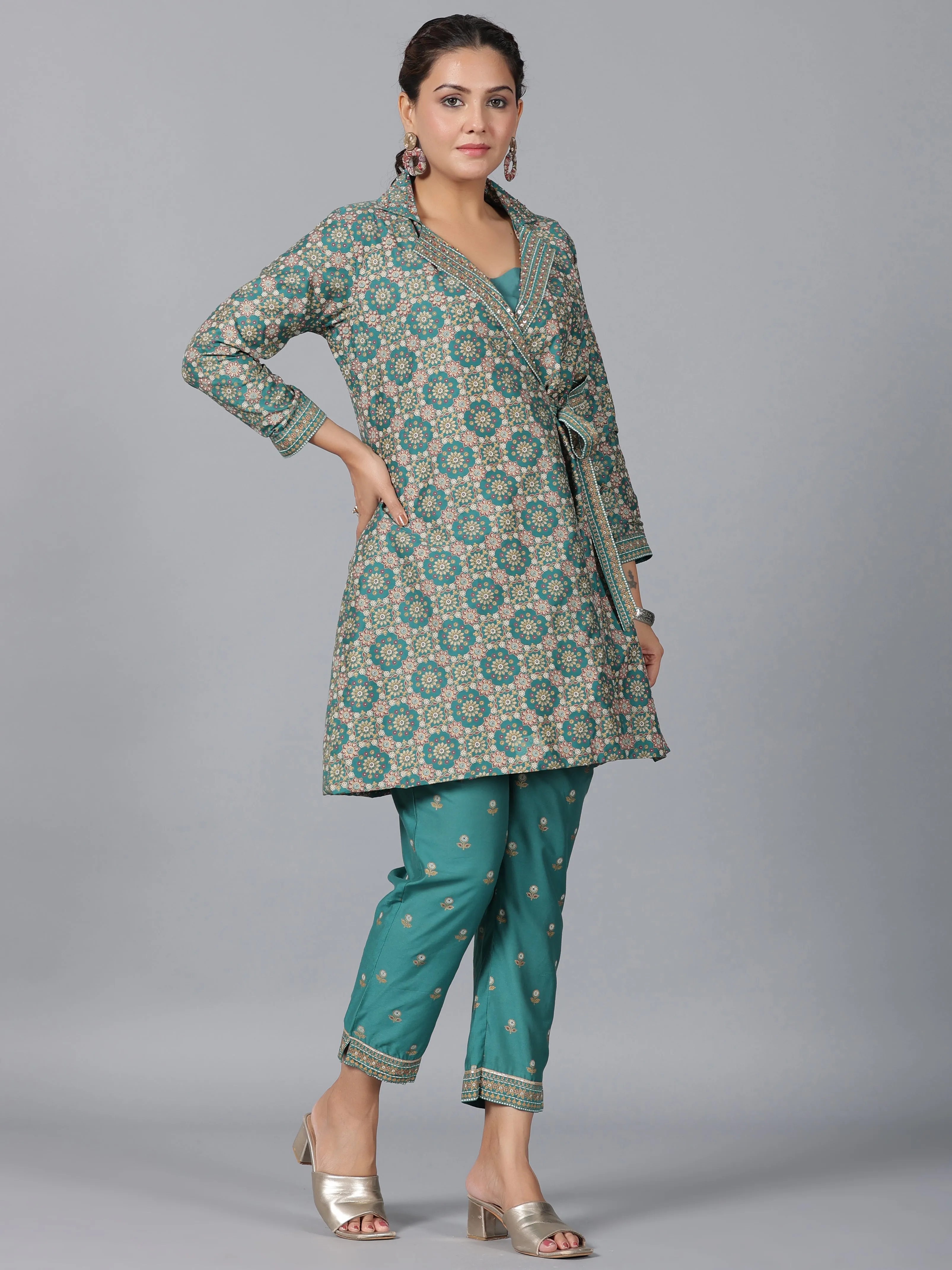 Women Teal Chanderi Printed Clothing Set