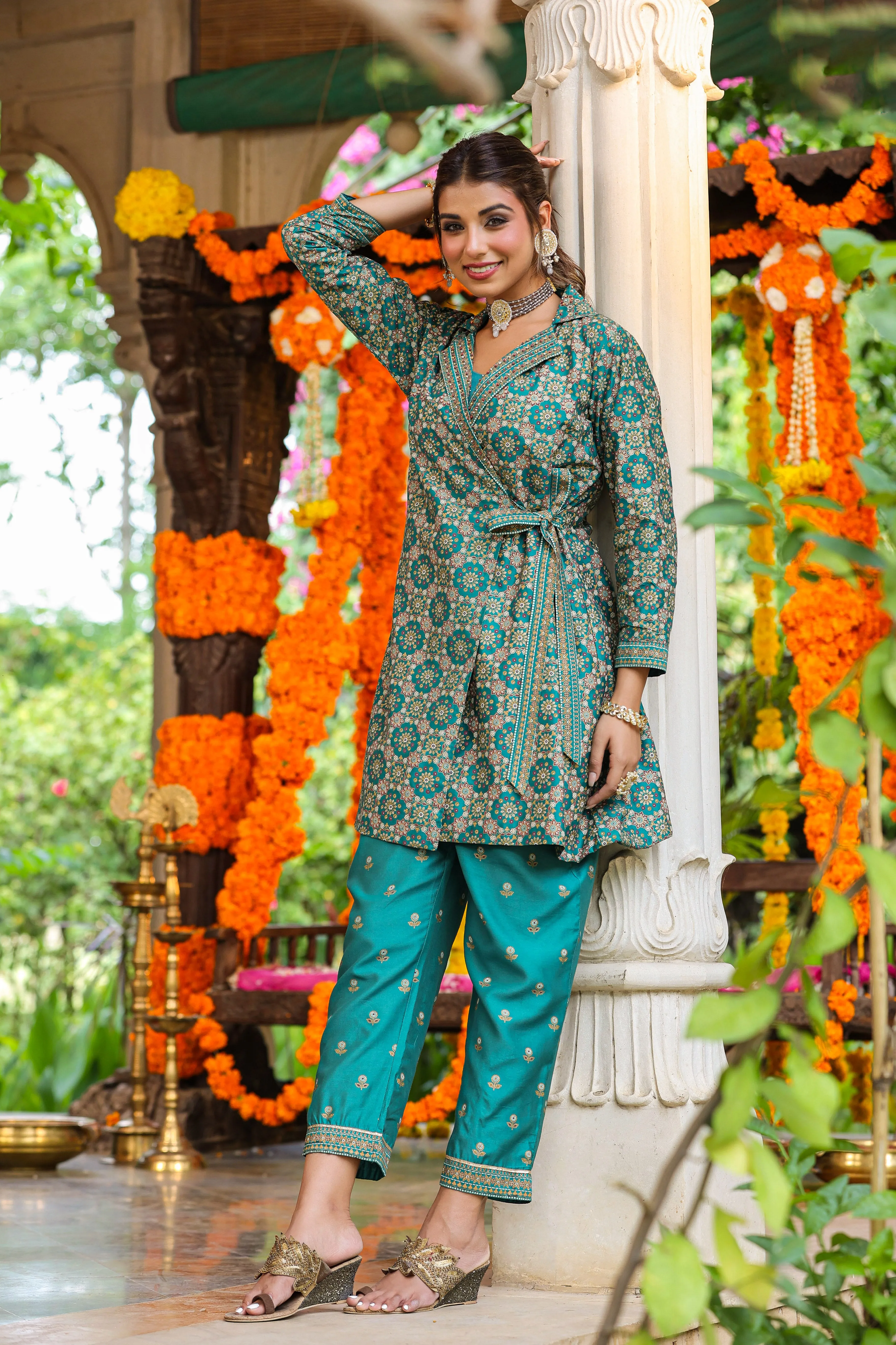 Women Teal Chanderi Printed Clothing Set