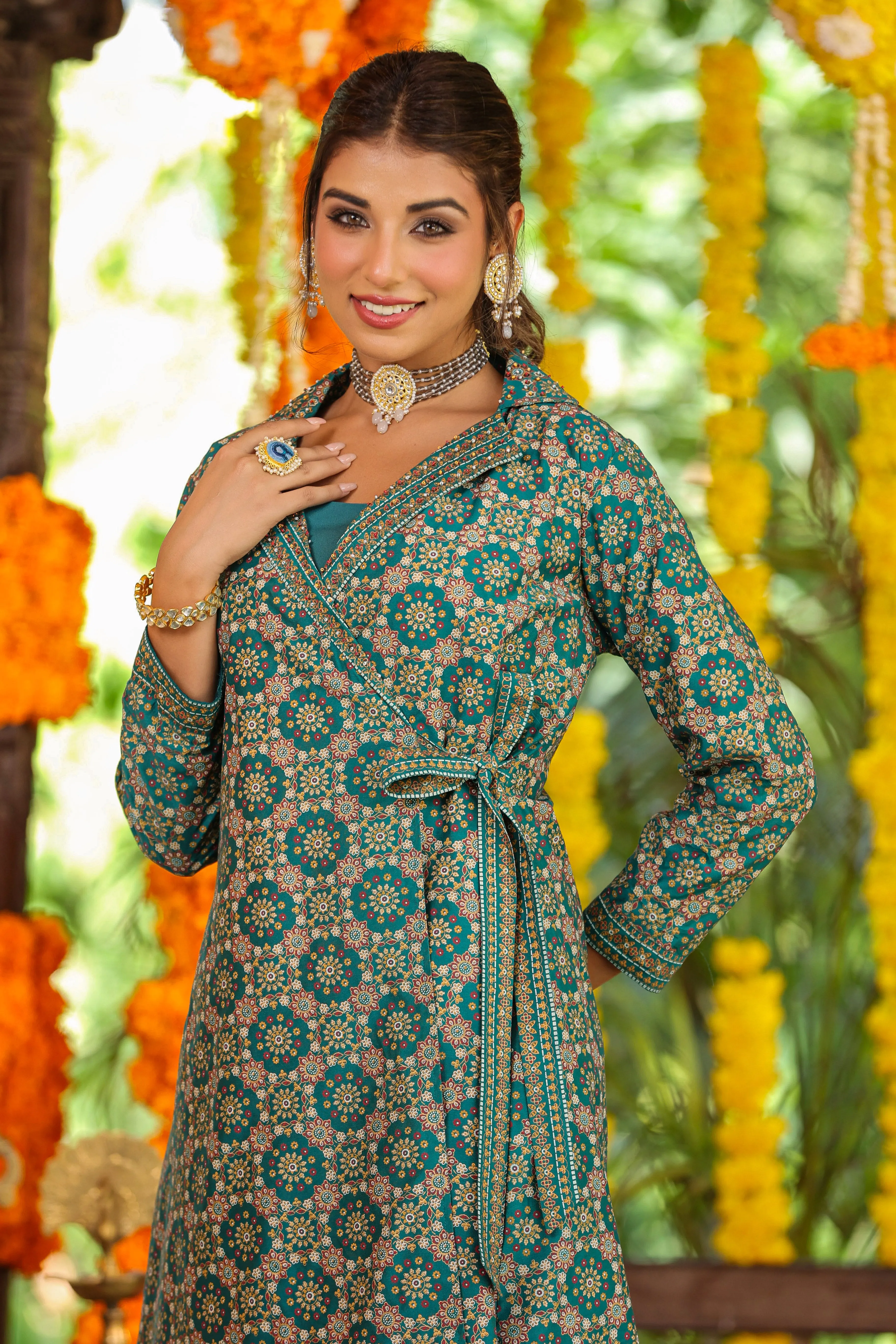 Women Teal Chanderi Printed Clothing Set