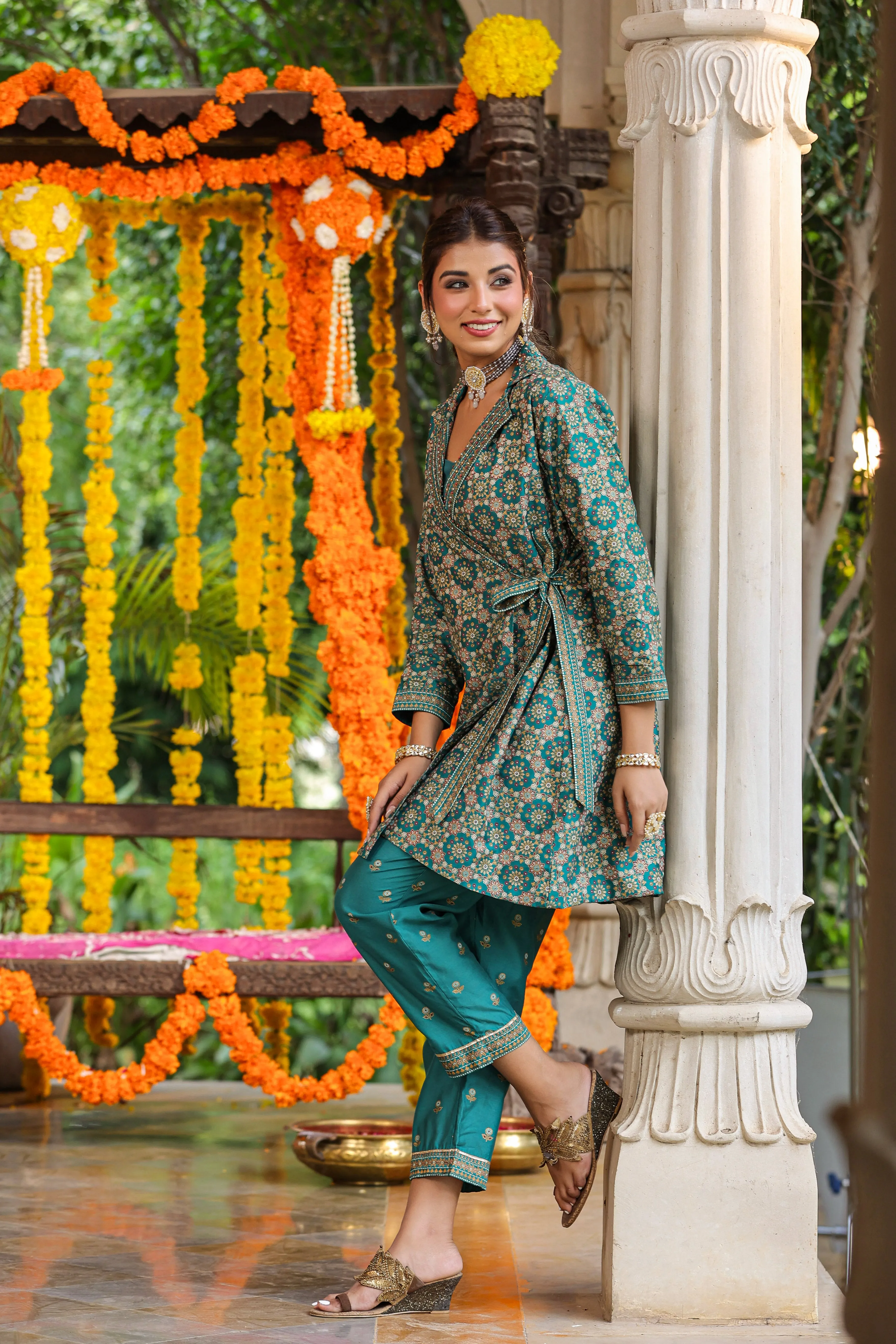 Women Teal Chanderi Printed Clothing Set