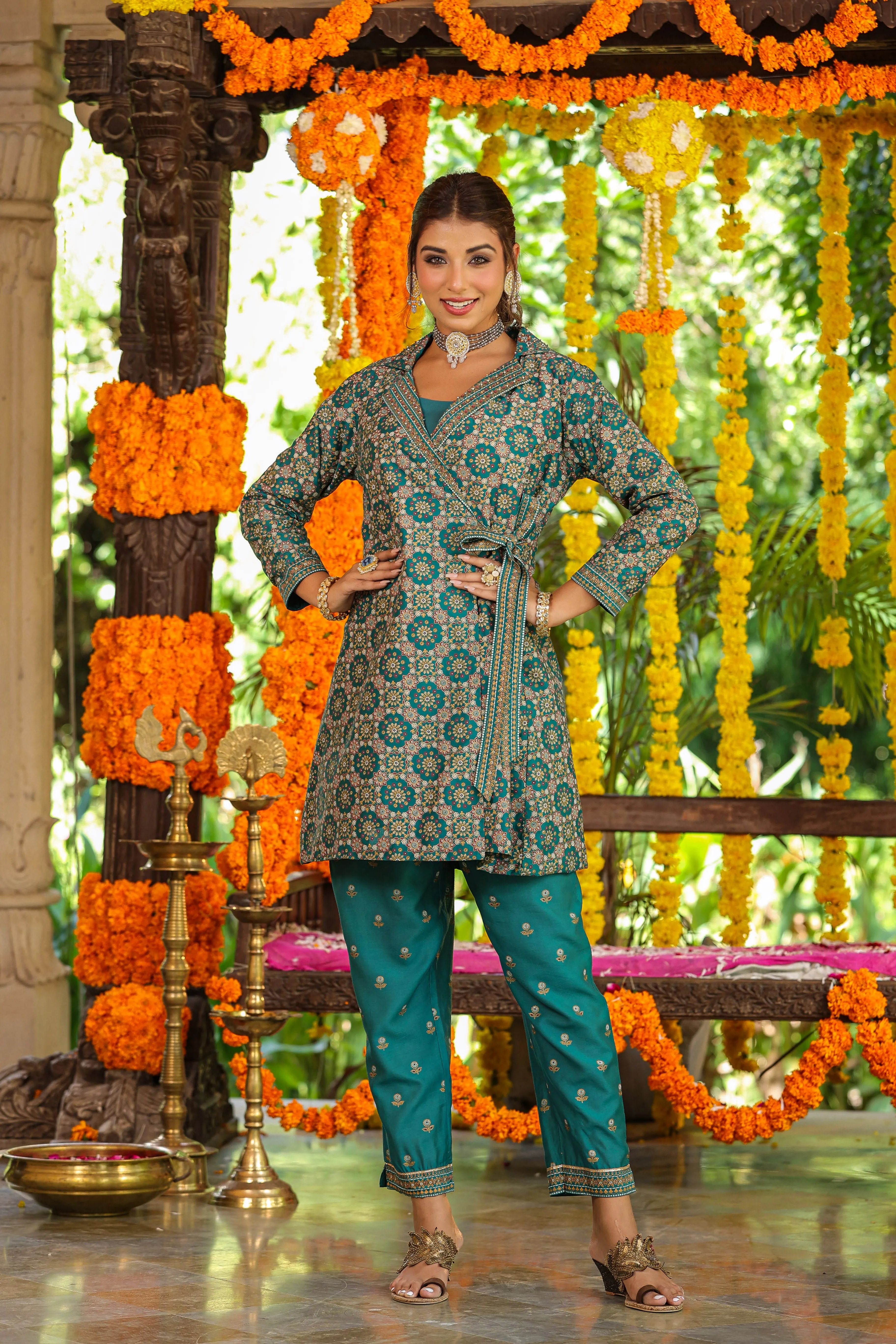 Women Teal Chanderi Printed Clothing Set