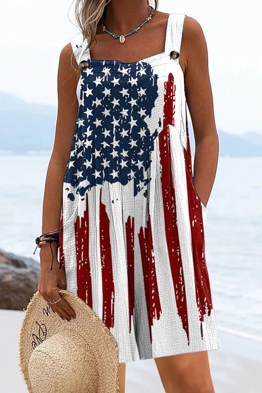 Women's American Flag Print Buttoned Casual Rompers