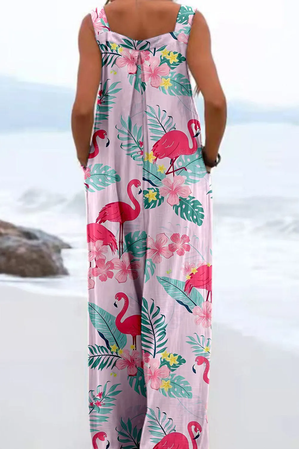 Women's Flamingo Flower Print Wide Leg Casual Jumpsuits