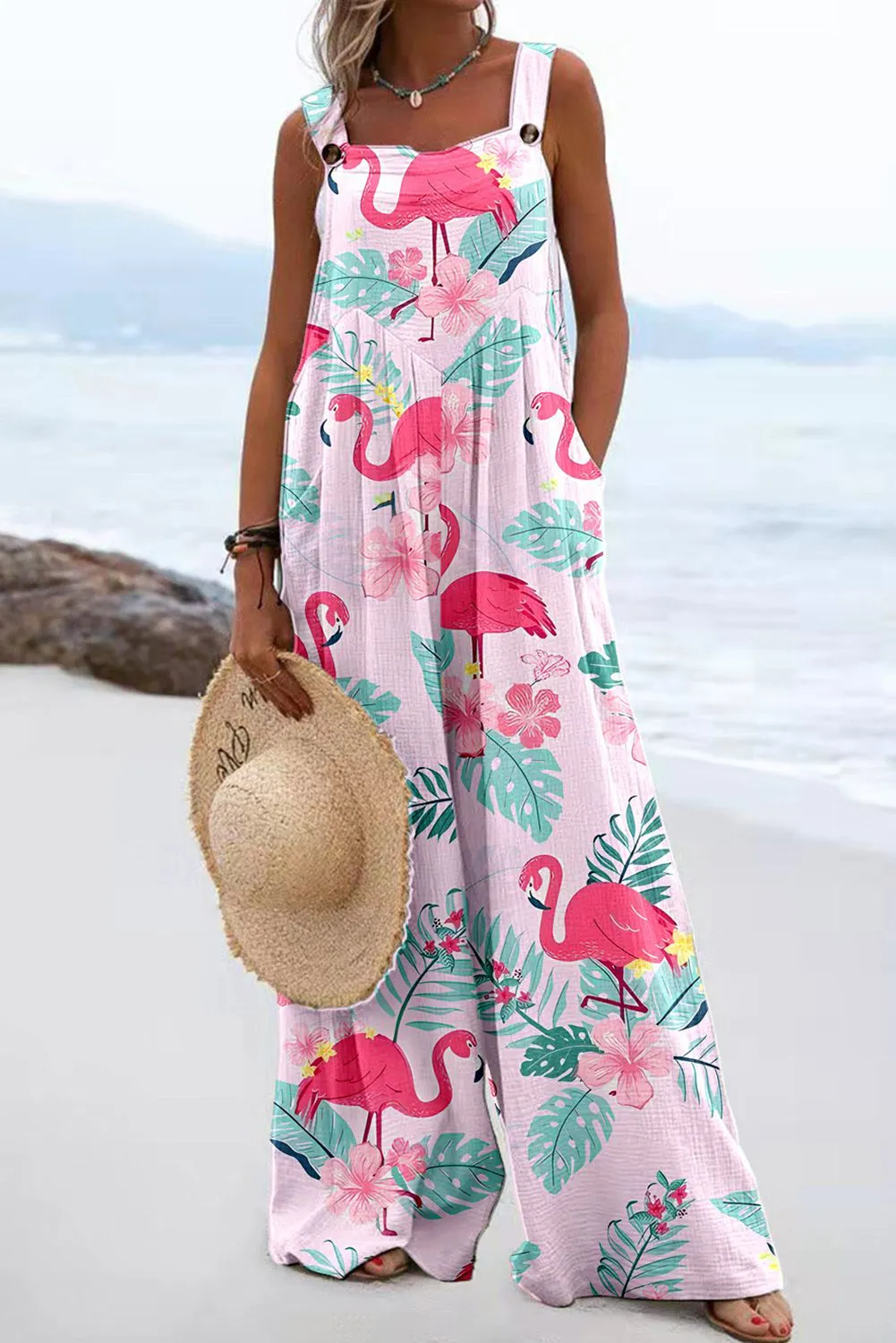 Women's Flamingo Flower Print Wide Leg Casual Jumpsuits