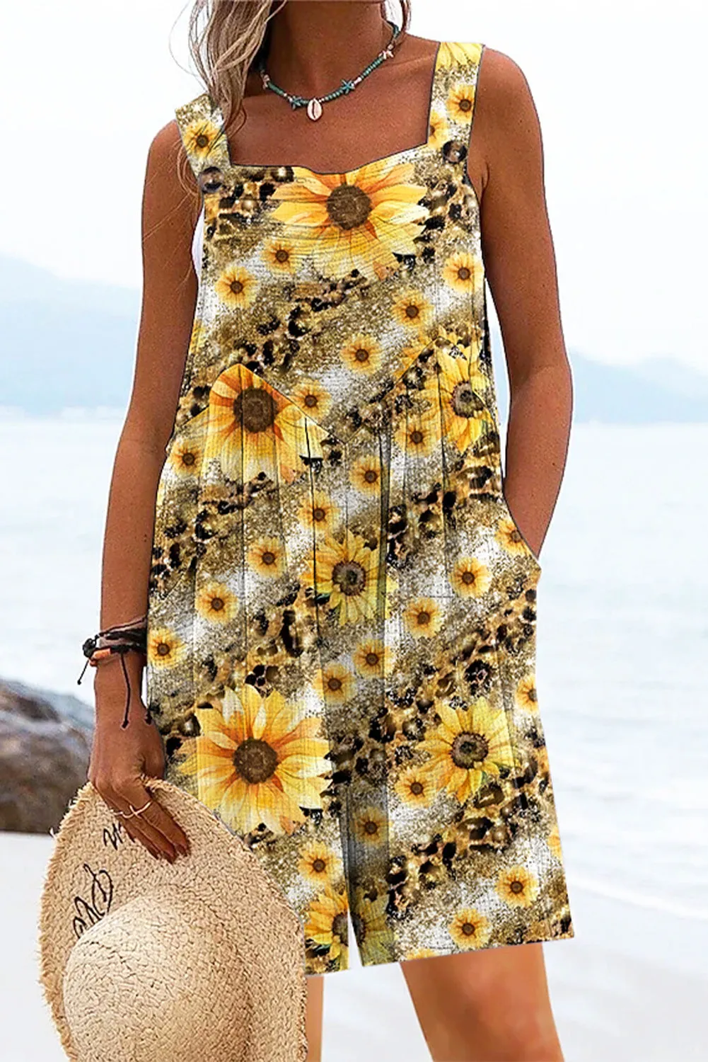 Women's Sunflower Leopard Color Block Adjustable Rompers